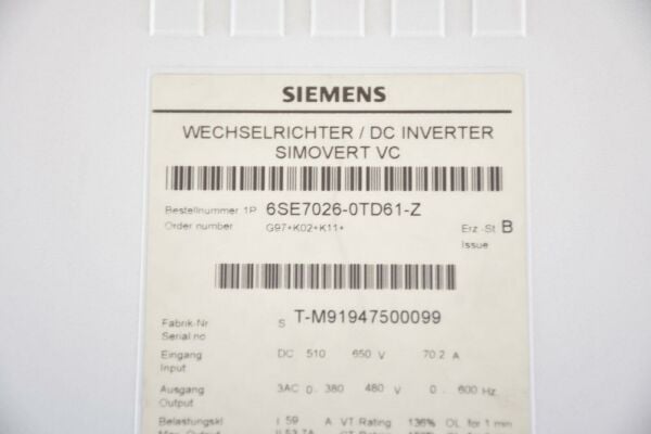 6SE7026-0TD61, SIMOVERT SÜRÜCÜ SIEMENS